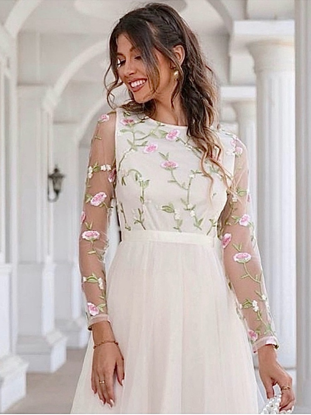 JJ HOUSE ~ Embroidered bodice sheer sleeves tulle skirt tea-length dress size S
